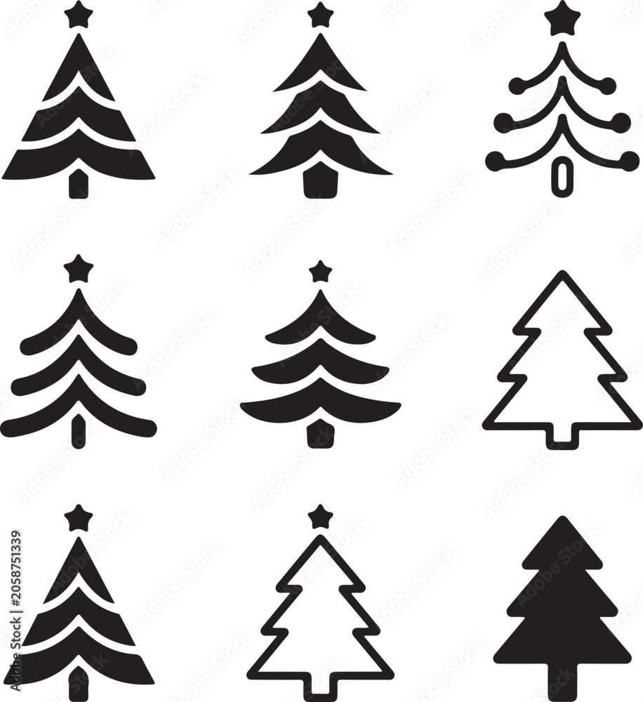 Obraz premium Versatile set of minimalist Christmas tree icons in various black silhouette styles for festive designs and projects