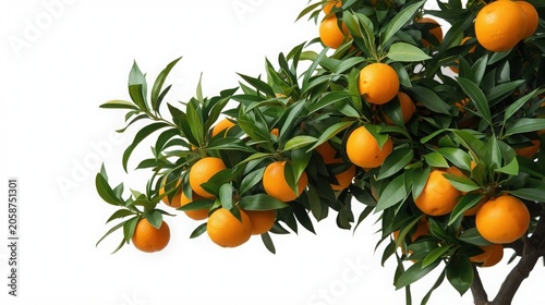 Ripe oranges hanging on lush green tree branches in natural outdoor sunlight