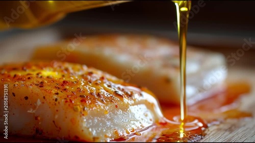 Pouring golden olive oil over seasoned fish fillets for cooking