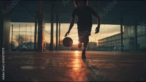 Young man dribbling a basketball on an outdoor court at sunset