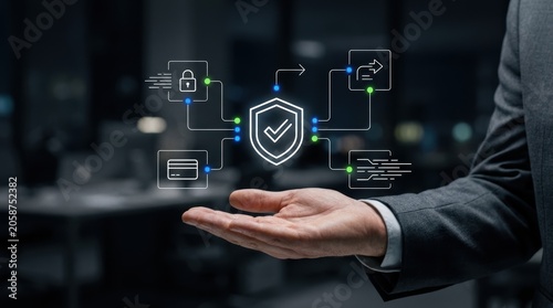 Professional's hand displaying a glowing holographic cybersecurity shield system interconnected with digital payment and data processing icons, secure network, data modern technology business concept