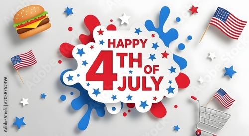 Colorful Fourth of July celebration with festive decorations, food, and patriotic confetti on white background
