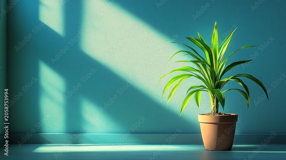 Fototapeta premium Sunlight streams through window, illuminating a potted plant