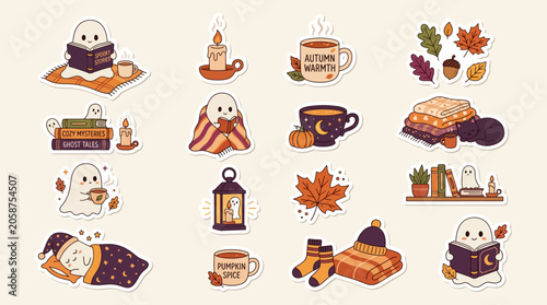 Cozy Halloween Sticker Pack featuring a cute ghost enjoying daily routines and autumn vibes