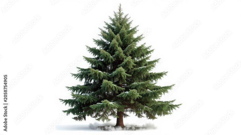 Fototapeta premium Majestic fir tree standing alone in snowy winter landscape with soft foggy atmosphere