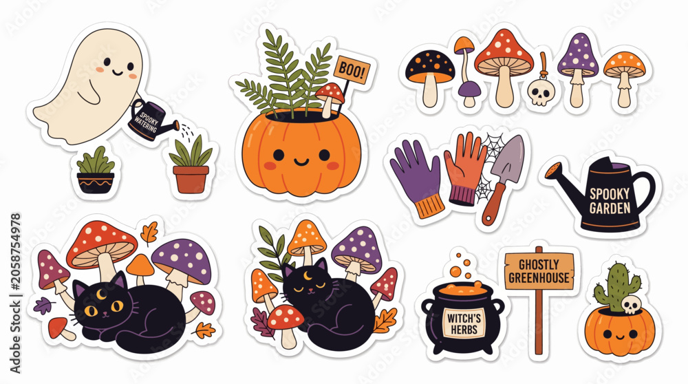 Fototapeta premium Charming Halloween Sticker Pack A Collection of Spooky Garden Delights, Mystical Mushrooms, and Playful Ghosts