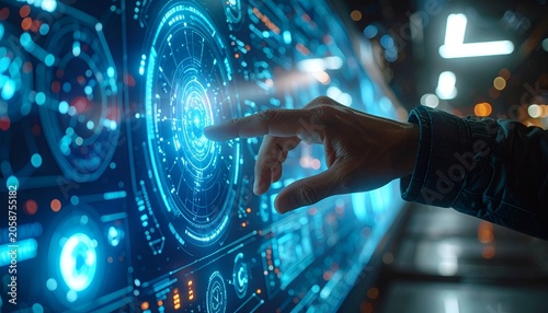 Futuristic Technology Interface - Hand Interacting with Holographic Display.