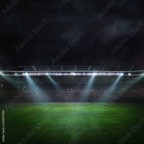  Football, soccer stadium at night. An imaginary stadium is modelled and 3D Illustration.