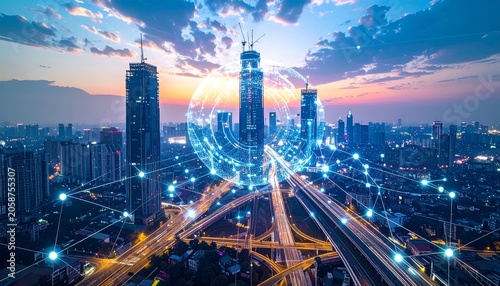 Futuristic Cityscape with Digital Network Overlay at Sunset.