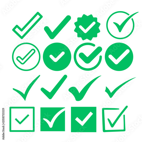 Green Check Mark Icons Collection Isolated on White Background Vector Set