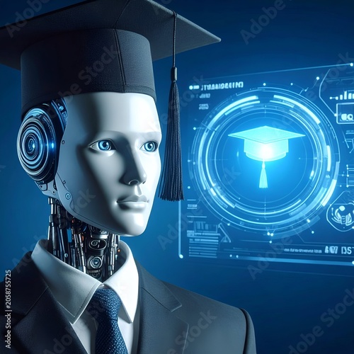 AI Robot Graduation - Futuristic Education and Technology Integration Concept.