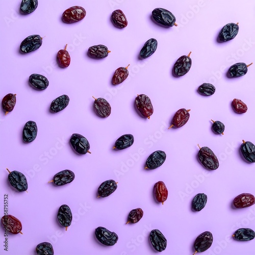 Raisins scattered on a purple background, top view, flat lay.