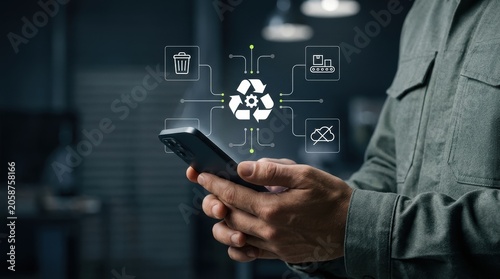 Professional using smartphone to manage sustainable supply chain with holographic recycling and waste reduction icons interface overlay, circular economy, green modern technology business concept