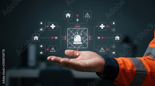 Safety professional wearing high-visibility gear holding digital security interface with emergency alarm and medical icons, integrated monitoring, internet modern technology business concept