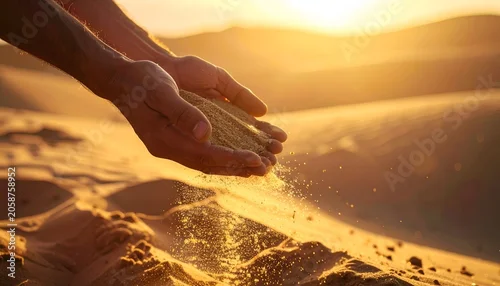 Fototapeta samoprzylepna Hands releasing sand in desert at sunset, symbolizing time slipping away.