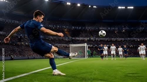 Football Player Kicking Ball in Stadium During Soccer Game Under Lights