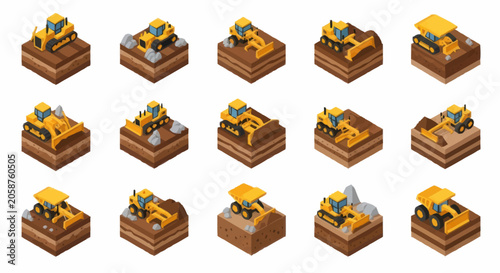 Quadro em tela Collection of isometric construction vehicles on dirt blocks.