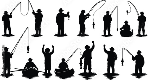 Fotografie A collection of black silhouette illustrations depicting various fishermen and women in action while fishing from a boat or the shore