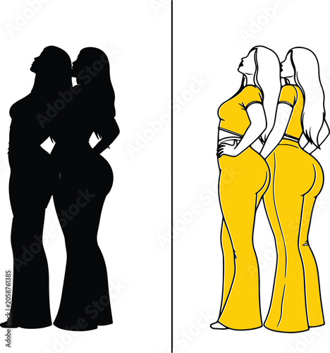 Obraz na płótnie A comparative graphic featuring two women standing together in a side-profile pose, presented in both a solid black silhouette style and a yellow-colored line art style