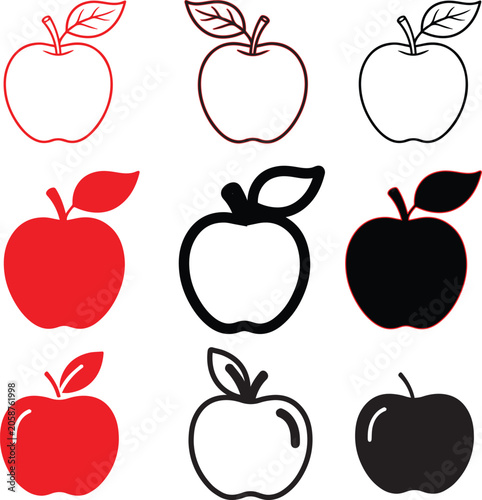 Set of apple icons, simple fruit illustrations in red and black colors