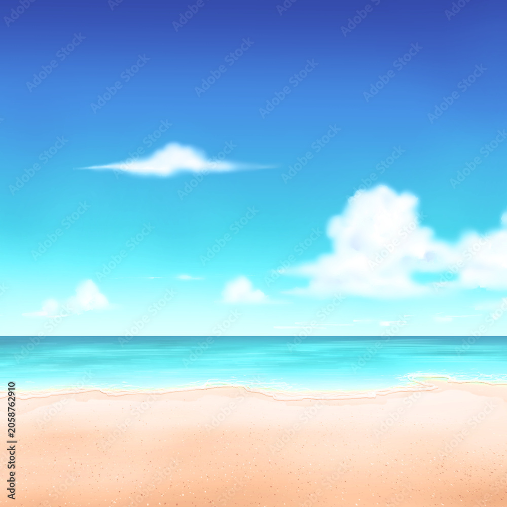 Obraz premium Sunny Beach with Blue Sky White Clouds Flat Illustration Background