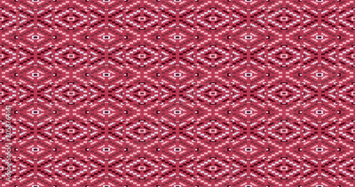 Geometric Ikat Pixel Seamless Pattern in Berry Red and Soft Pink Palette