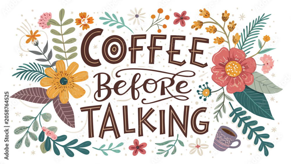 Fototapeta premium Coffee before talking hand drawn floral typography quote