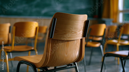 Aftermath moment showing an empty classroom with chairs slightly disarranged after students have left, chalk residue on board, late afternoon light, education industry, school environment, teaching 