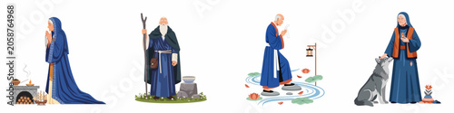 Quadro su tela Set of flat vector illustrations featuring elderly spiritual figures, monks, and priestesses engaged in mystical rituals, prayers, and nature scenes on white background