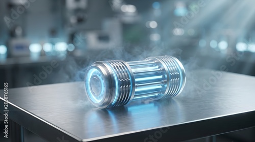 Glowing cylindrical energy battery cell emitting a blue aura on a metal lab table representing advanced clean power sources and futuristic science