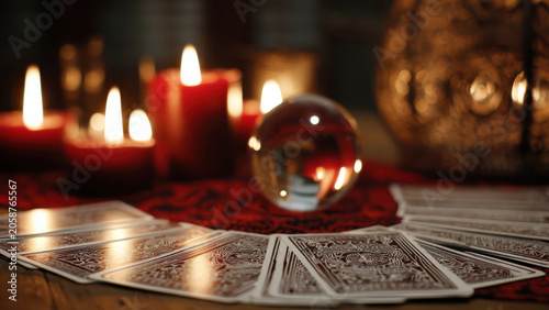 Fortune teller reading session with tarot cards, candles, crystal ball on table