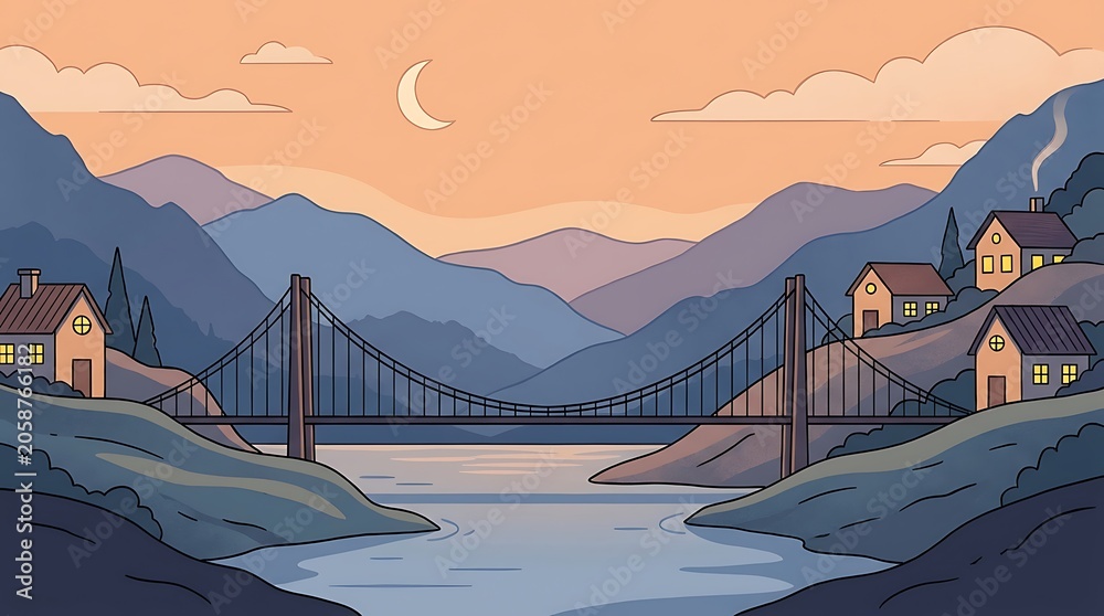 Fototapeta premium Serene Mountain Landscape with a Suspension Bridge at Sunset, Illustrating Tranquility and Natural Beauty