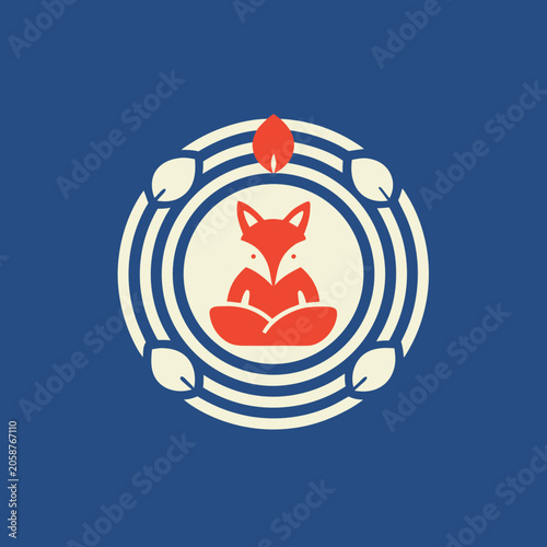Meditating Fox Illustration With Circular Ornament And Red Accents