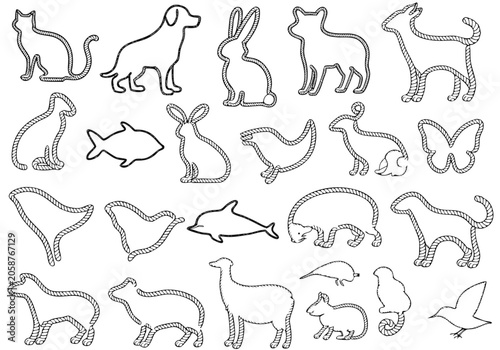 Animal Shapes Created From Rope Vector Illustration On White Background