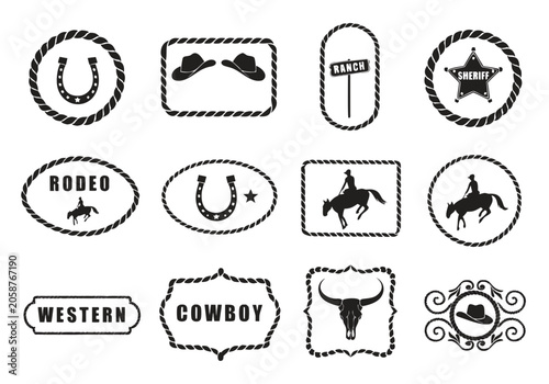 Western Style Silhouettes And Badges Black Vector Illustrations On White