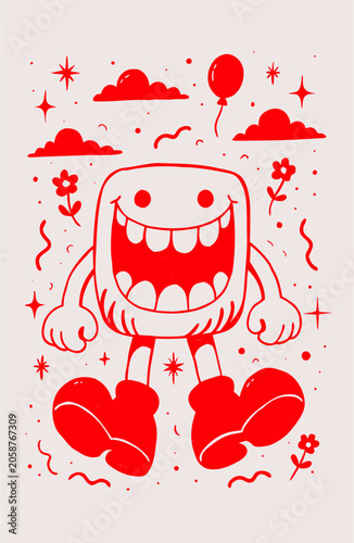 Red Cartoon Character Illustration With Clouds Flowers And Balloon