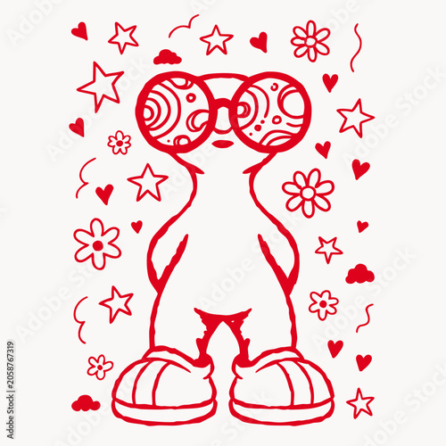 Red Line Art Illustration Of A Mouse Wearing Round Glasses