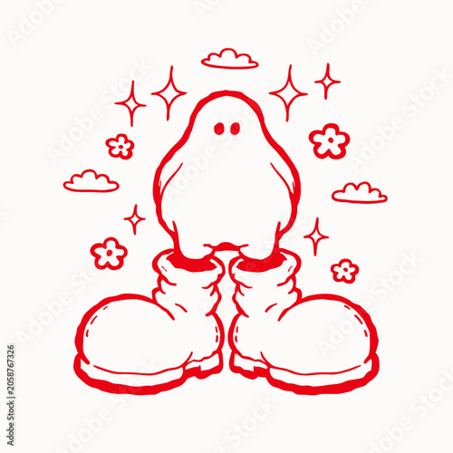 Red Ghost Illustration With Boots And Floral Elements