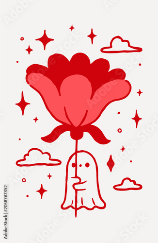 Ghost Holding Flower Illustration Red And White Line Art