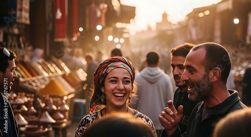 Happy woman and man talking in a busy Moroccan market at sunset.
