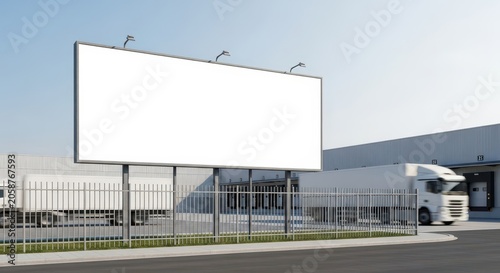 Blank billboard displaying advertising space against a modern industrial warehouse exterior