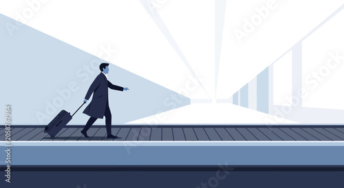 Businessman walking on travelator with suitcase in airport or train station
