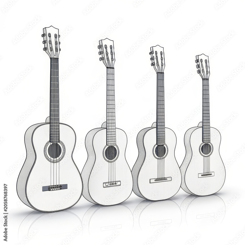 Obraz premium Four white acoustic guitars in a row isolated on white background