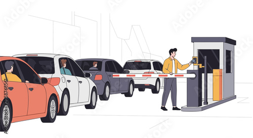 Cars Queued at Toll Booth with Operator, Urban Traffic Entry System