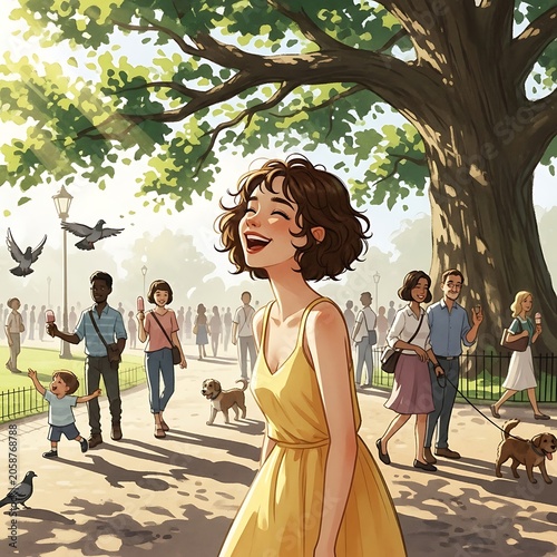 Happy woman enjoying a sunny day in a crowded public park.