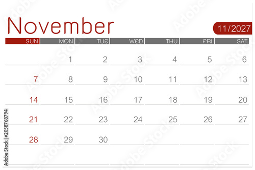 Canvastavla November 2027 calendar page isolated on white background, Save clipping path