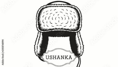 Tableau sur toile Very beautiful black-and-white engraved vector illustration featuring USHANKA wi
