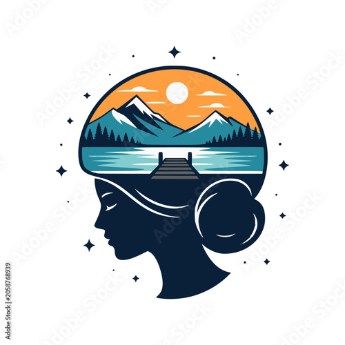 Mindscape of Serenity: A silhouette of a woman's profile cradles a breathtaking landscape within her thoughts, featuring majestic mountains, a serene lake.