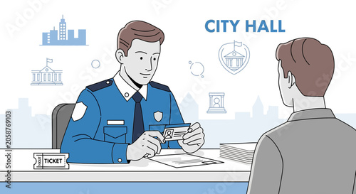 City Hall Official Checks ID of Visitor at Government Building Entrance