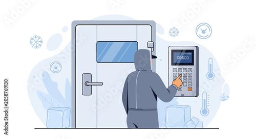 Cold Storage Access: Person in Protective Gear Enters Code on Freezer Door